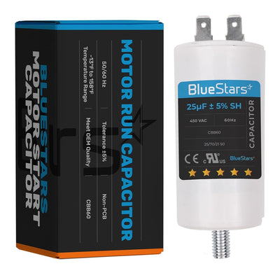 BlueStars 25 uF 450 VAC CBB60 motor run capacitor with screw base and its retail packaging box.