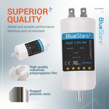 BlueStars 25uF 450VAC CBB60 run capacitor with screw stud and terminal connectors shown in a product feature graphic.