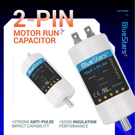 Two 25 uF 450 VAC CBB60 motor run capacitors with 2-pin terminals and threaded mounting screws.
