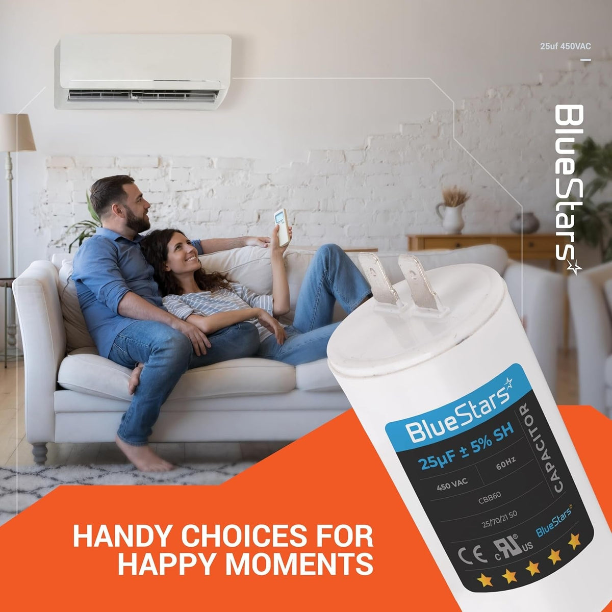 BlueStars 25 uF 450 VAC CBB60 run capacitor for AC motors shown in a lifestyle advertisement graphic.
