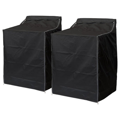 Two black premium outdoor washing machine and dryer covers for top-load and front-load appliances.