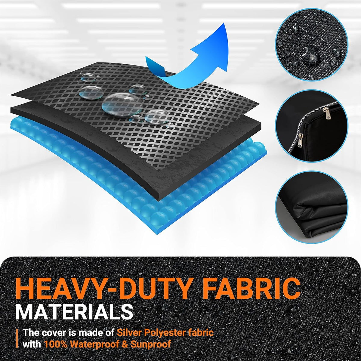Layered diagram showing waterproof material construction of black washing machine cover with zipper and fabric details.