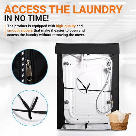 Black washing machine cover showing rear view with secure tie straps and close-up of smooth zipper access.