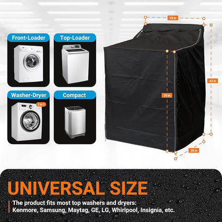 Black washing machine cover showing dimensions and compatibility with front-load and top-load washer dryer units.