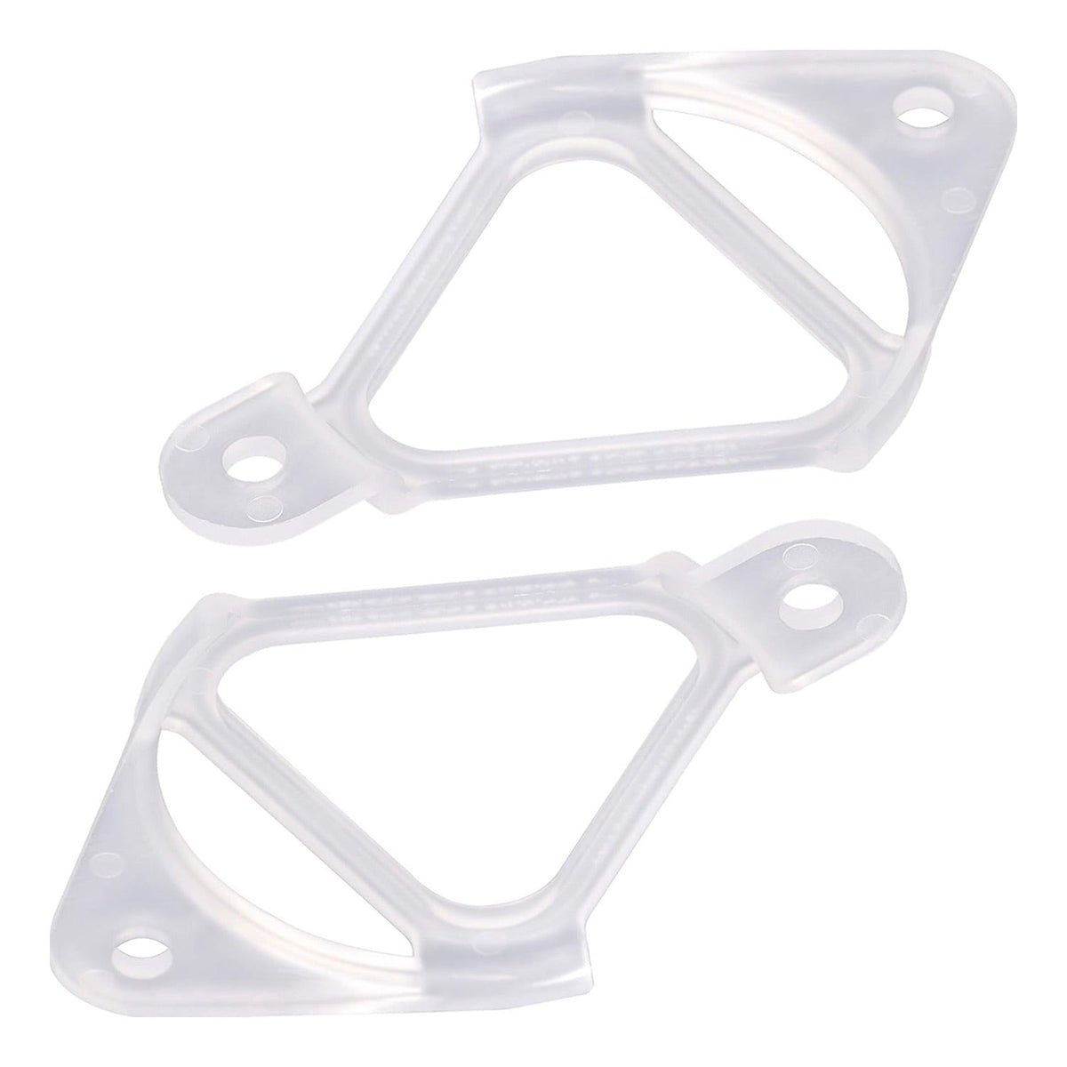 Two clear plastic WH16X513 washer drain hose clips for GE and Hotpoint washing machines.