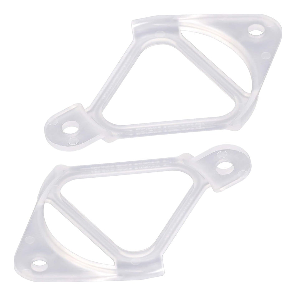Two clear plastic WH16X513 washer drain hose clips for GE and Hotpoint washing machines.