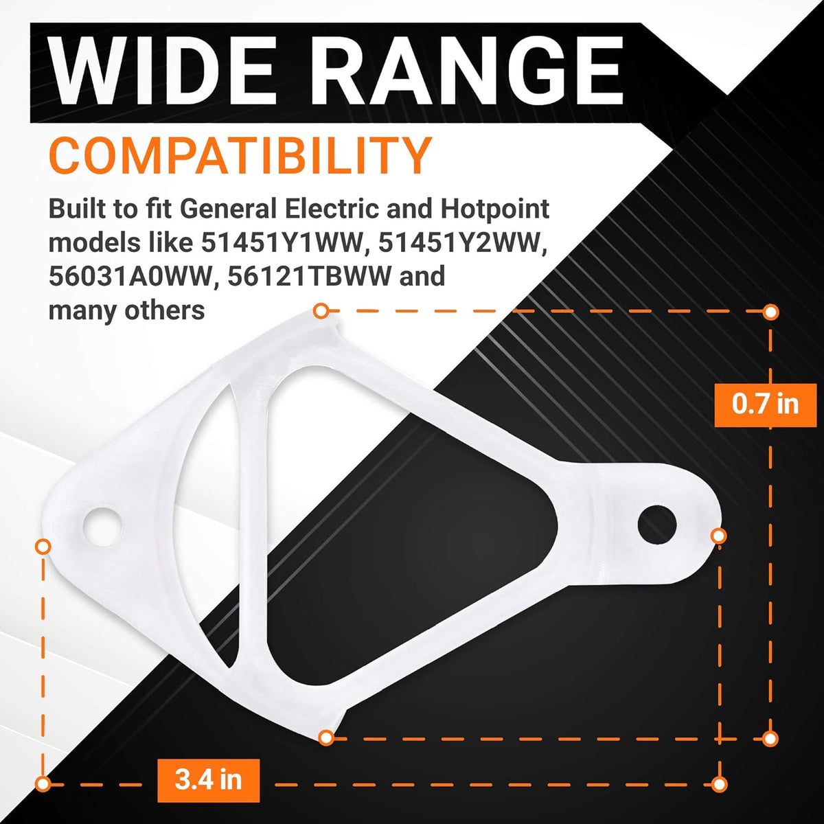 WH16X513 washer drain hose clip showing dimensions and compatibility for GE and Hotpoint washing machines.