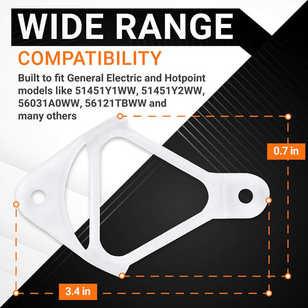 WH16X513 washer drain hose clip showing dimensions and compatibility for GE and Hotpoint washing machines.