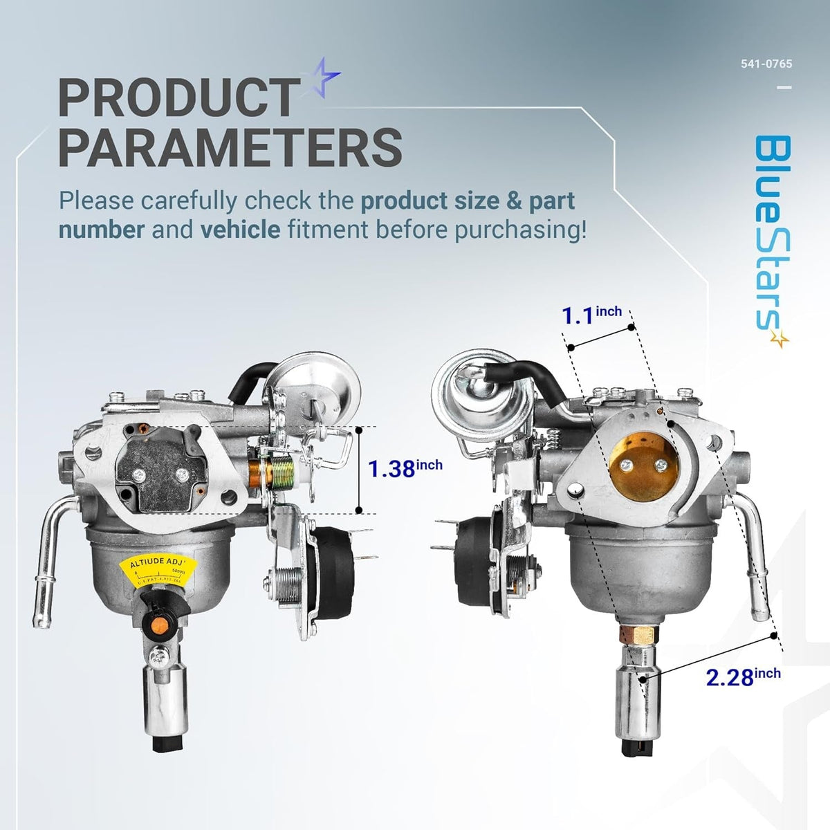 541-0765 carburetor kit showing dimensional measurements for product fitment verification.