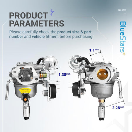 541-0765 carburetor kit showing dimensional measurements for product fitment verification.