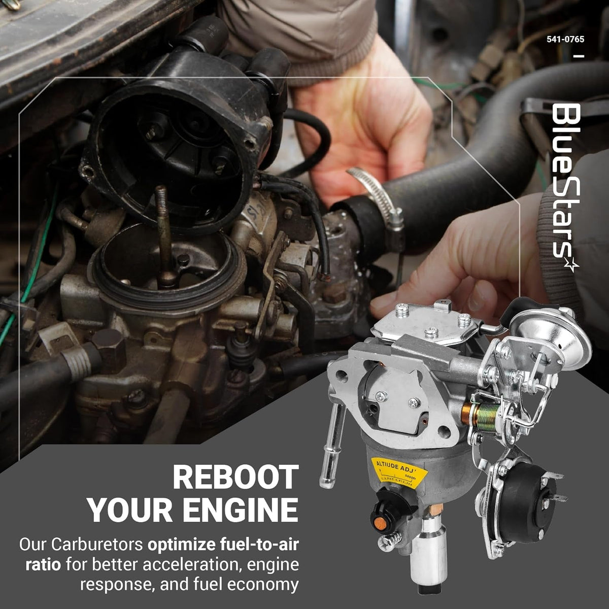 541-0765 carburetor replacement part shown next to an engine repair scene.