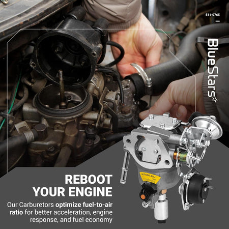 541-0765 carburetor replacement part shown next to an engine repair scene.