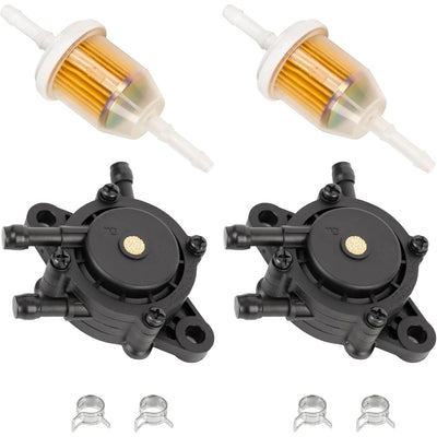 Set of two lawn mower fuel pumps with inline fuel filters and metal hose clamps.