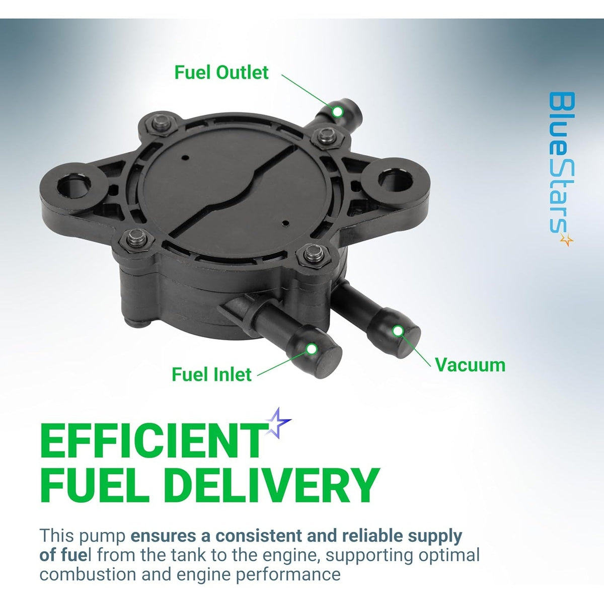 Replacement fuel pump for lawn mower engines with labeled fuel inlet, outlet, and vacuum ports.