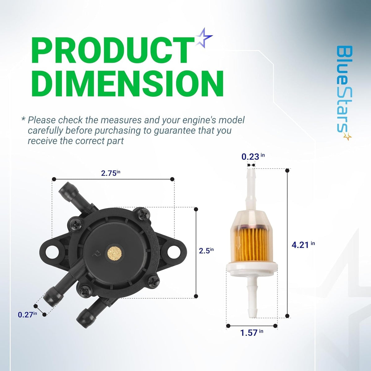 Dimension diagram showing the fuel pump and fuel filter with measurements for lawn mower engine compatibility.