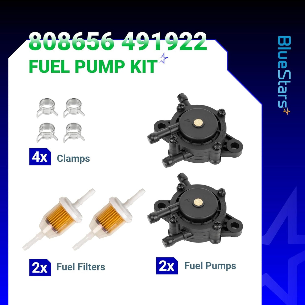 808656 491922 fuel pump kit including two fuel pumps, two fuel filters, and four hose clamps for lawn mowers.