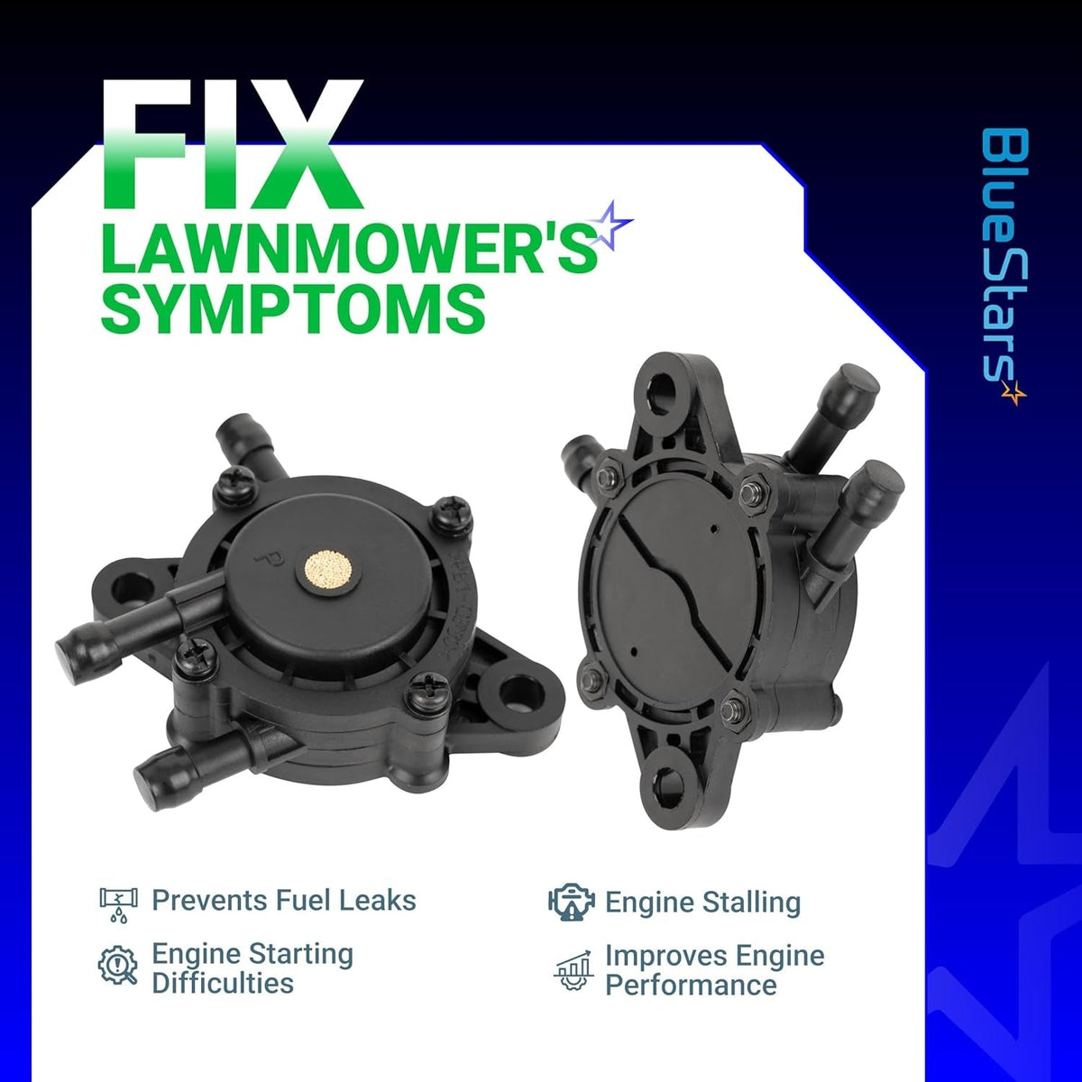 Two black replacement fuel pumps for lawn mower engines shown from front and back angles.