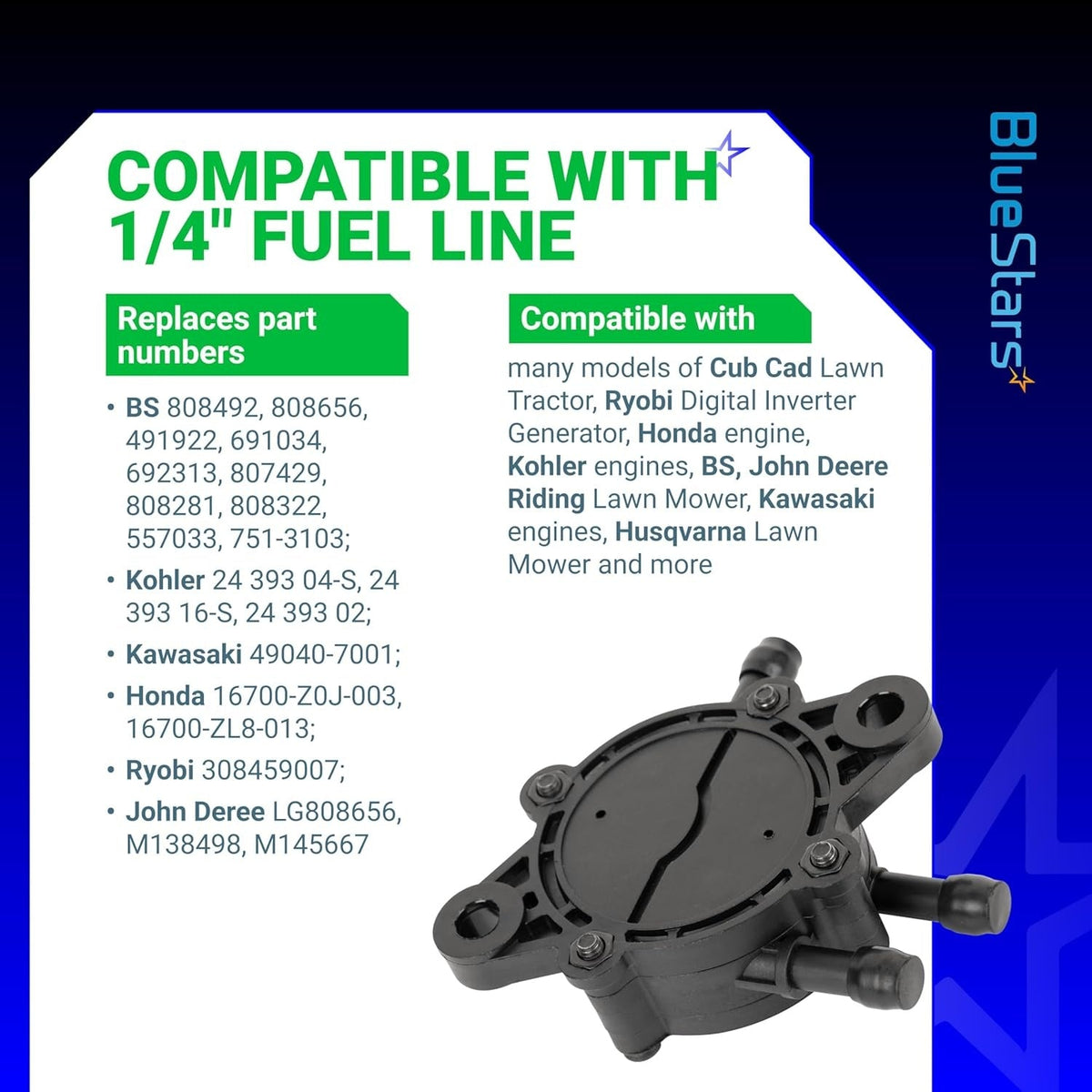 Replacement fuel pump for lawn mowers with compatibility list and 1/4 inch fuel line specifications.