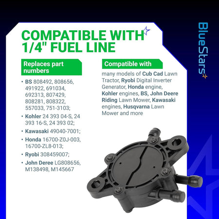 Replacement fuel pump for lawn mowers with compatibility list and 1/4 inch fuel line specifications.