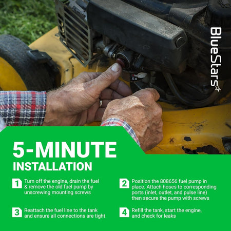Hands installing a fuel pump on a lawn mower engine with 5-minute installation instructions.