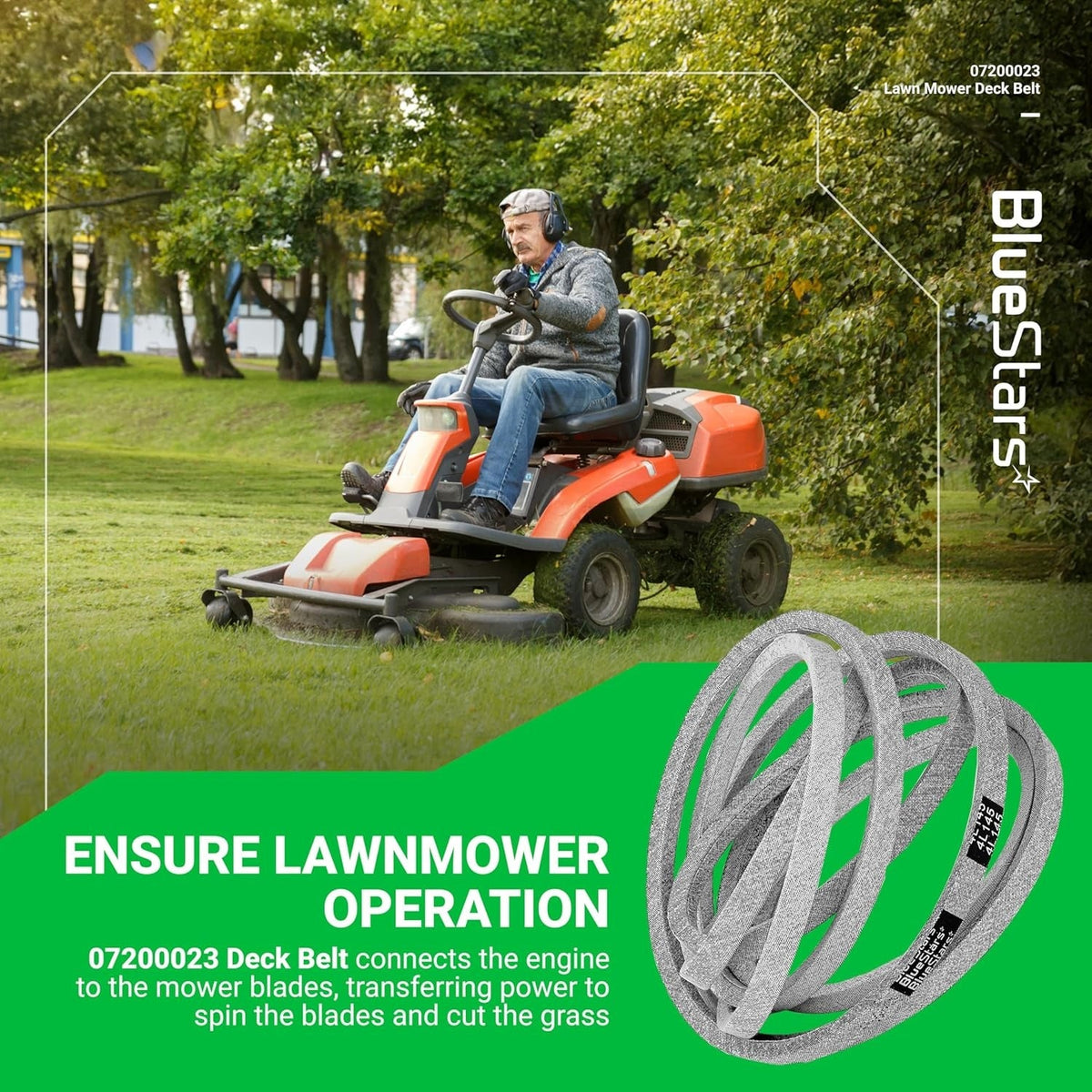 07200023 mower deck belt for Ariens Ikon X 52-inch deck shown with a man operating a riding lawn mower.