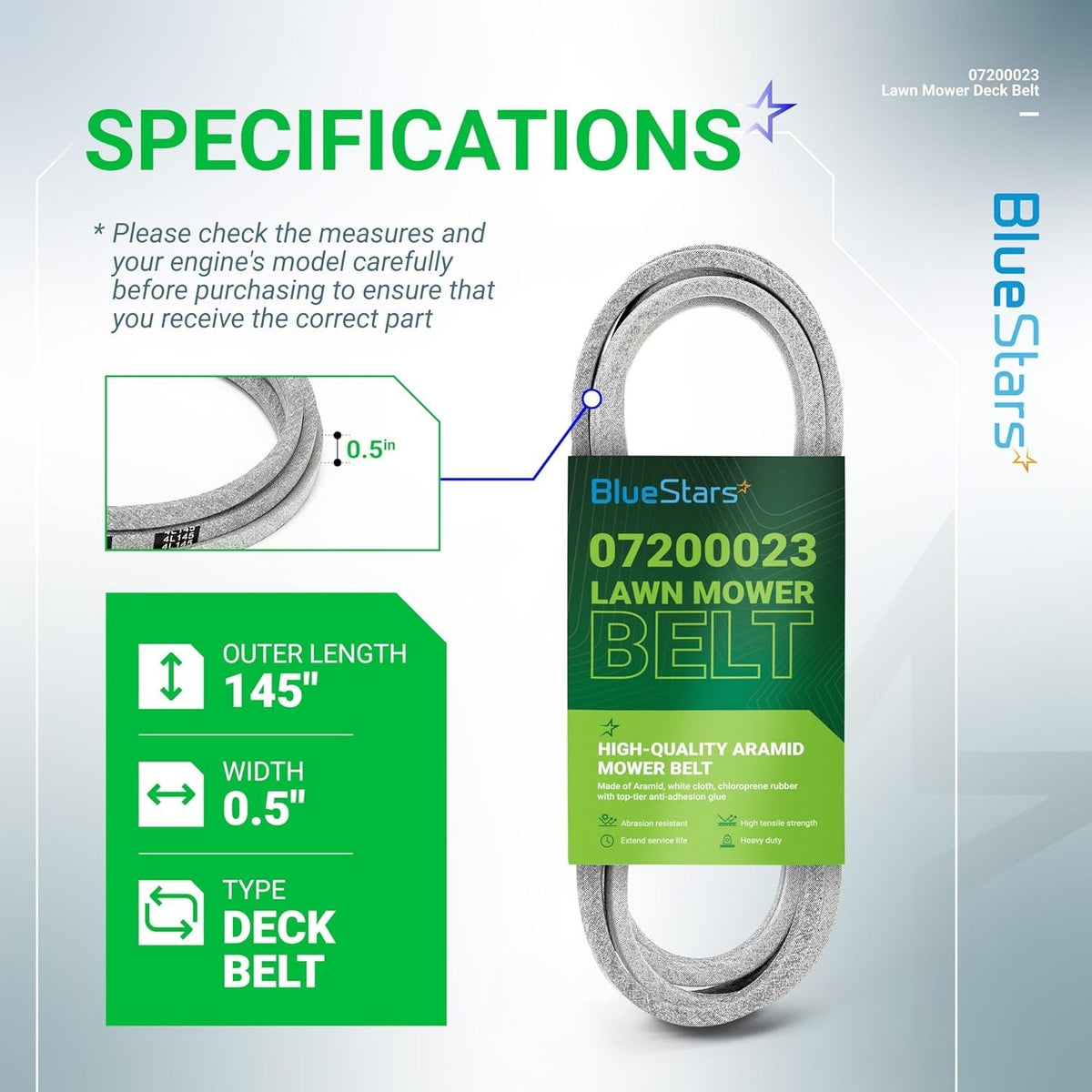 Specifications infographic for 07200023 mower deck belt showing 145-inch length and 0.5-inch width dimensions.