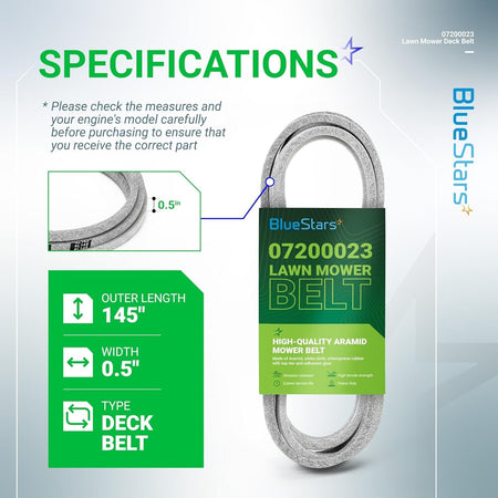 Specifications infographic for 07200023 mower deck belt showing 145-inch length and 0.5-inch width dimensions.