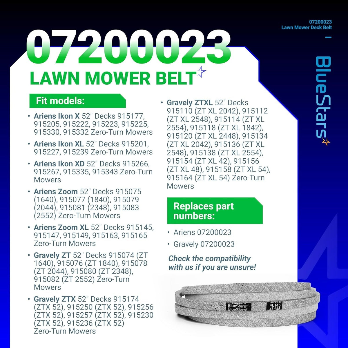07200023 mower deck belt compatibility chart for Ariens and Gravely 52-inch zero-turn mowers.