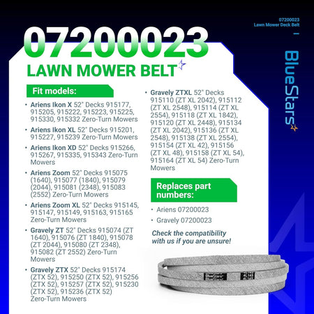 07200023 mower deck belt compatibility chart for Ariens and Gravely 52-inch zero-turn mowers.