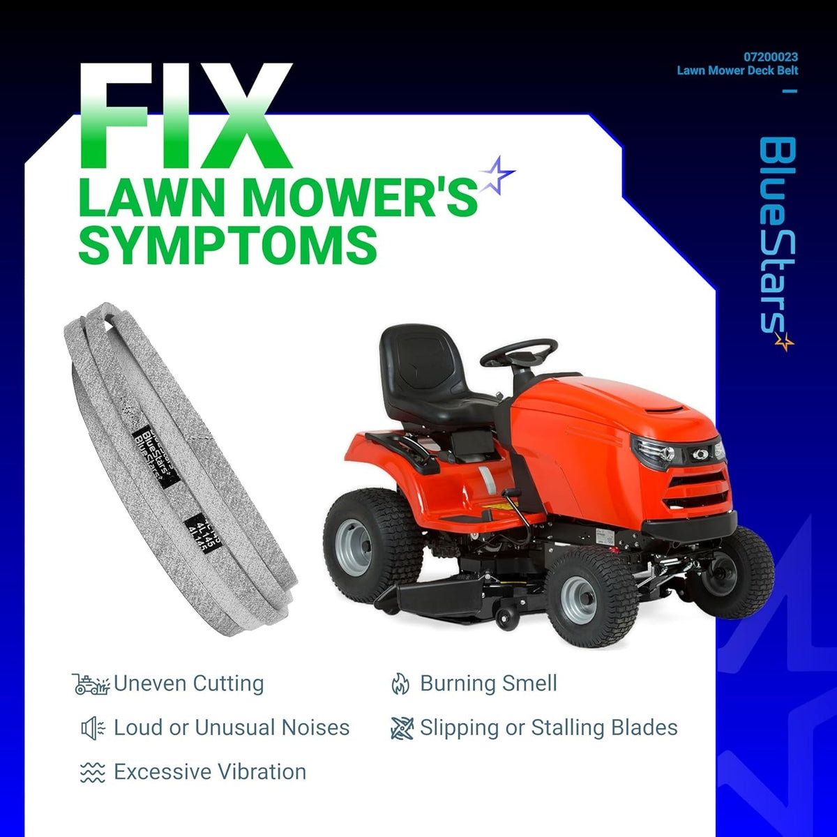 07200023 replacement mower deck belt for 52-inch Ariens Ikon X lawn mower shown with troubleshooting symptoms.