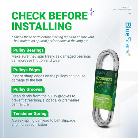 Installation guide for 07200023 mower deck belt showing maintenance tips for pulleys and tensioners.