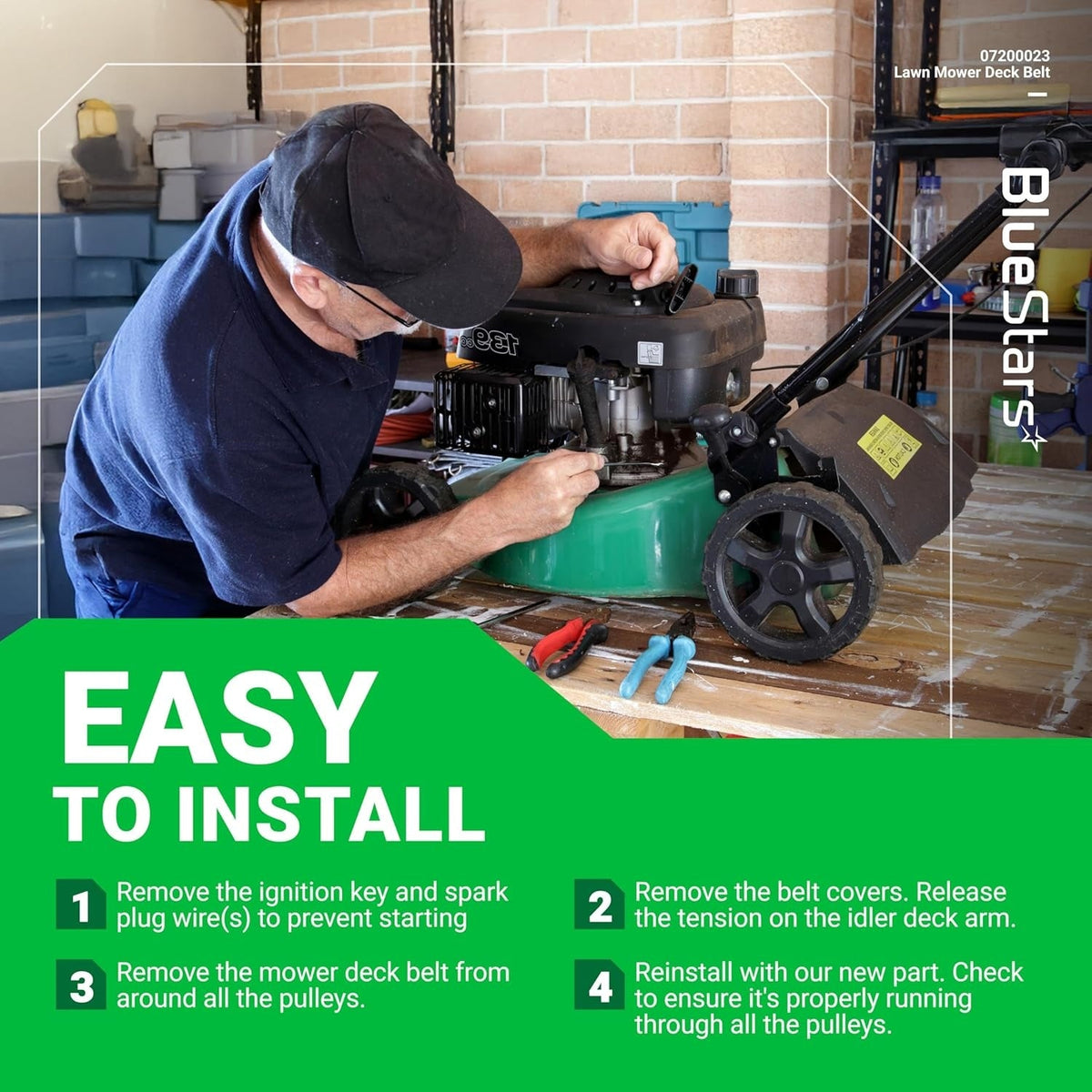 Instructional graphic showing a technician installing a 07200023 mower deck belt on a lawn mower.