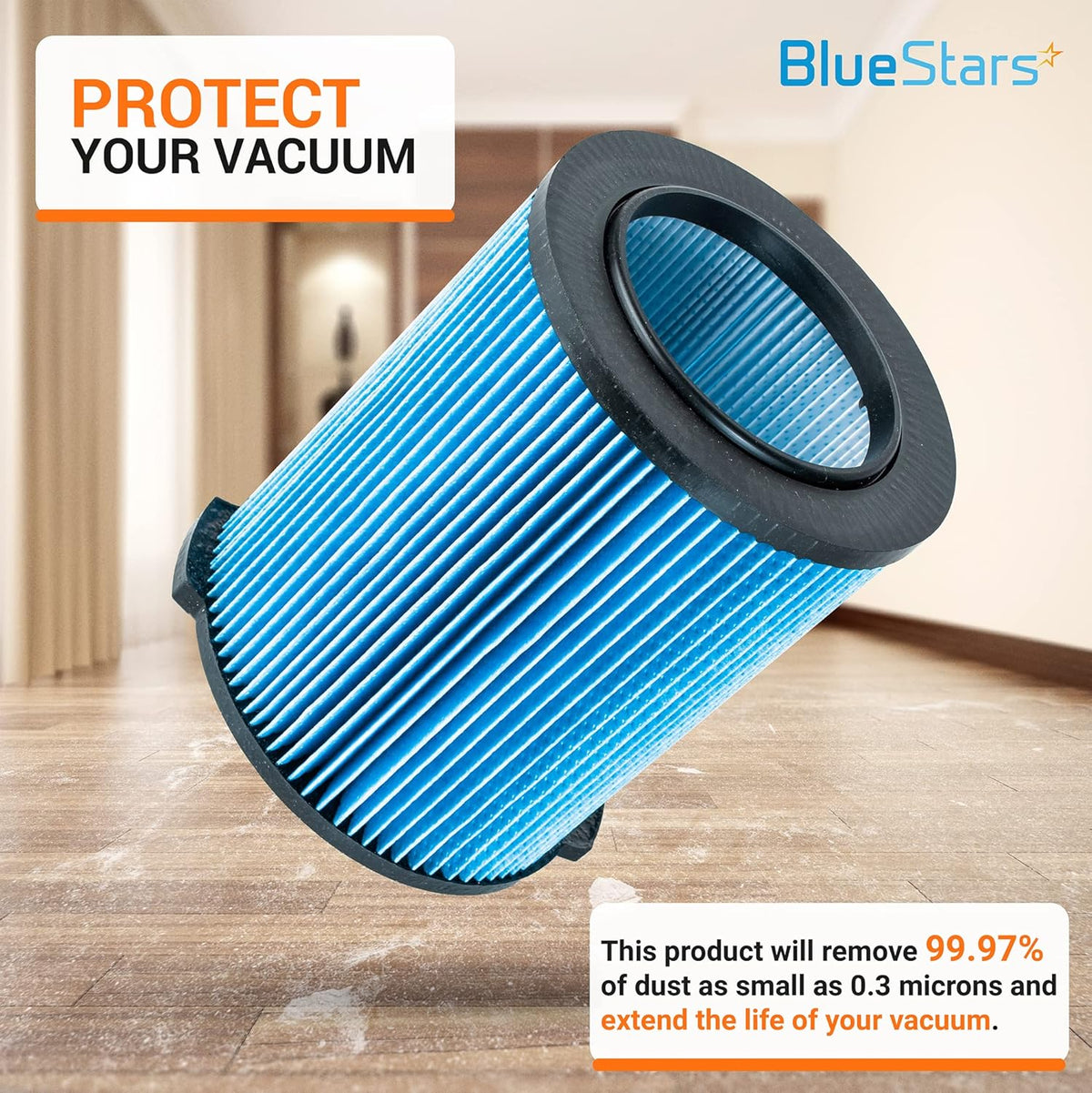 Single VF5000 3-layer replacement filter for Ridgid shop vacs shown against a room background.