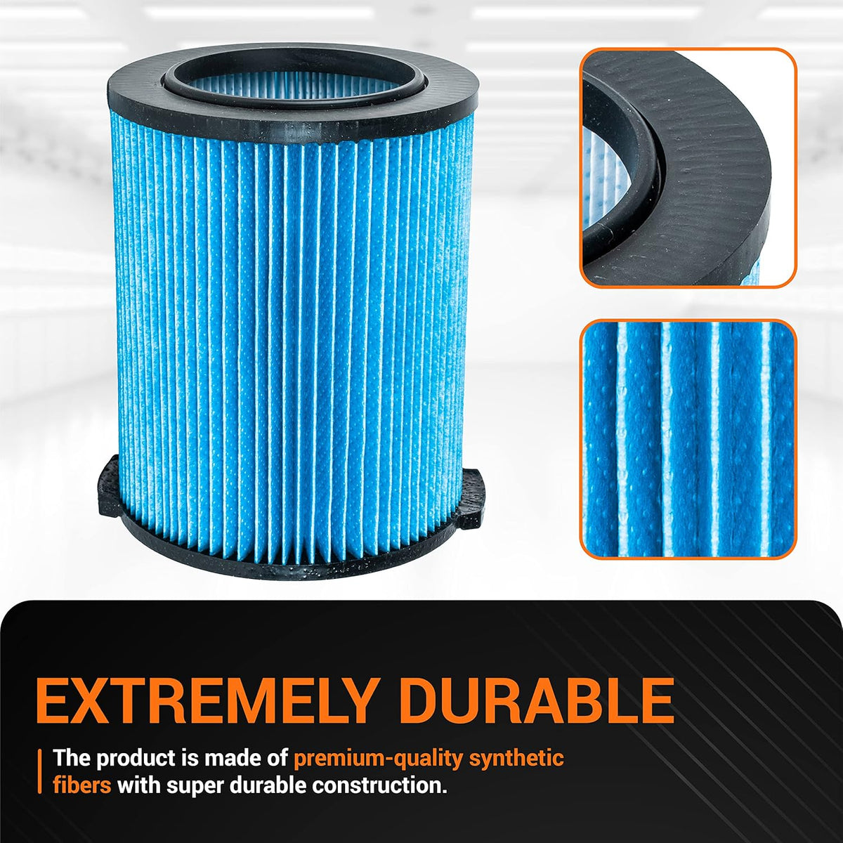 VF5000 3-layer replacement filter for Ridgid shop vacs with close-up detail views of the synthetic fiber pleats.