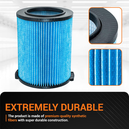 VF5000 3-layer replacement filter for Ridgid shop vacs with close-up detail views of the synthetic fiber pleats.