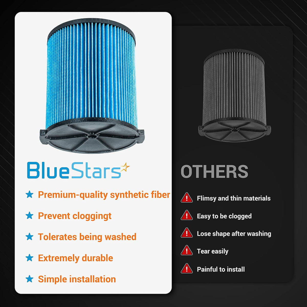 Comparison chart showing BlueStars VF5000 replacement filter for Ridgid shop vacs versus standard filters.