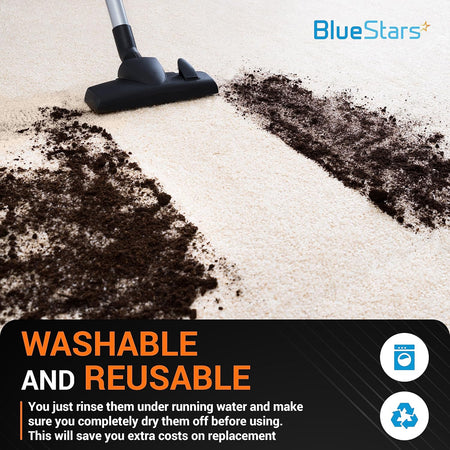 Shop vac nozzle cleaning carpet with text overlay highlighting washable and reusable VF5000 filter benefits.