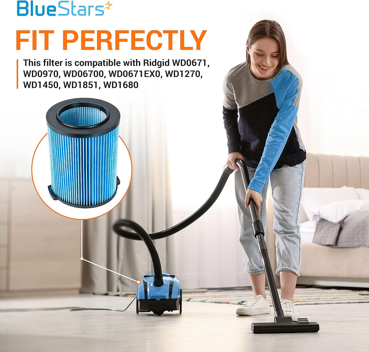 Woman using a shop vac with a VF5000 3-layer replacement filter highlighted for Ridgid wet/dry vacuums.