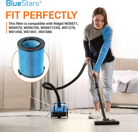 Woman using a shop vac with a VF5000 3-layer replacement filter highlighted for Ridgid wet/dry vacuums.