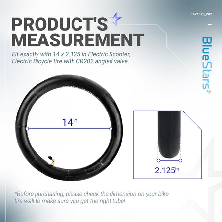 Infographic showing 14 x 2.125 inch bike inner tube dimensions and angled valve compatibility.