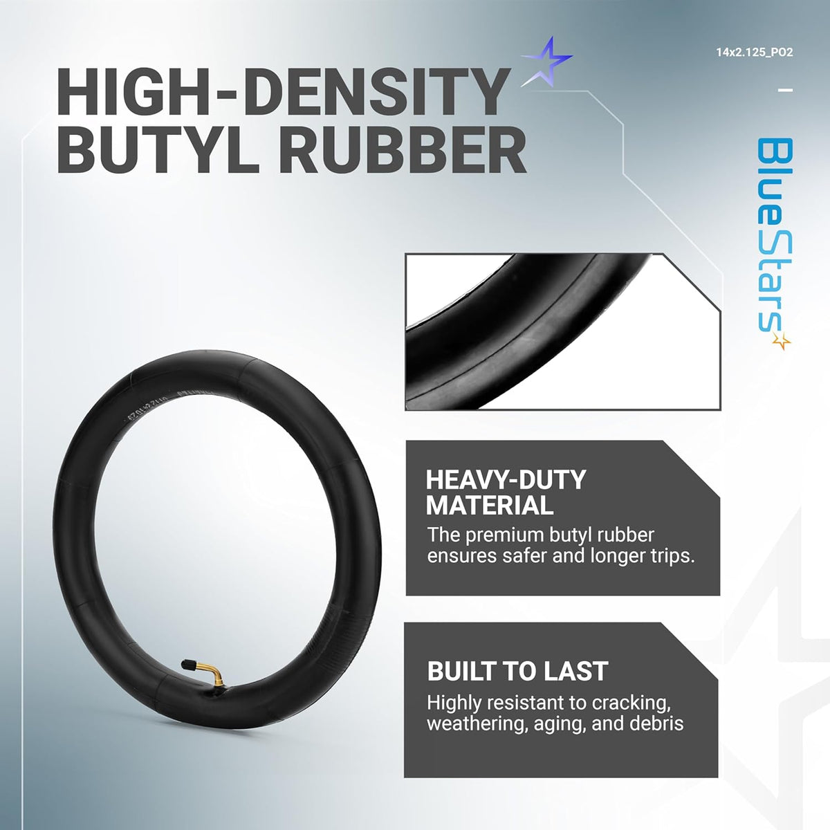 14" x 2.125" bike inner tube made of high-density butyl rubber with a close-up view of the material and valve.