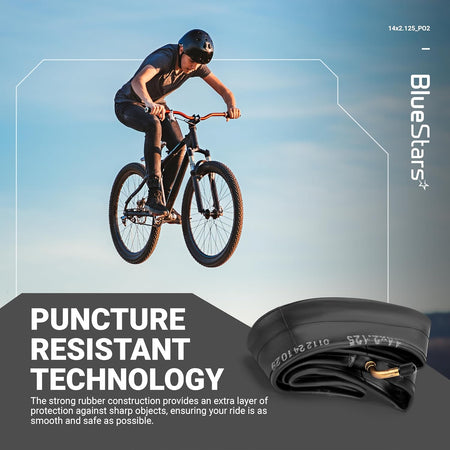 14" x 2.125" puncture-resistant bike inner tube with angled valve stem.