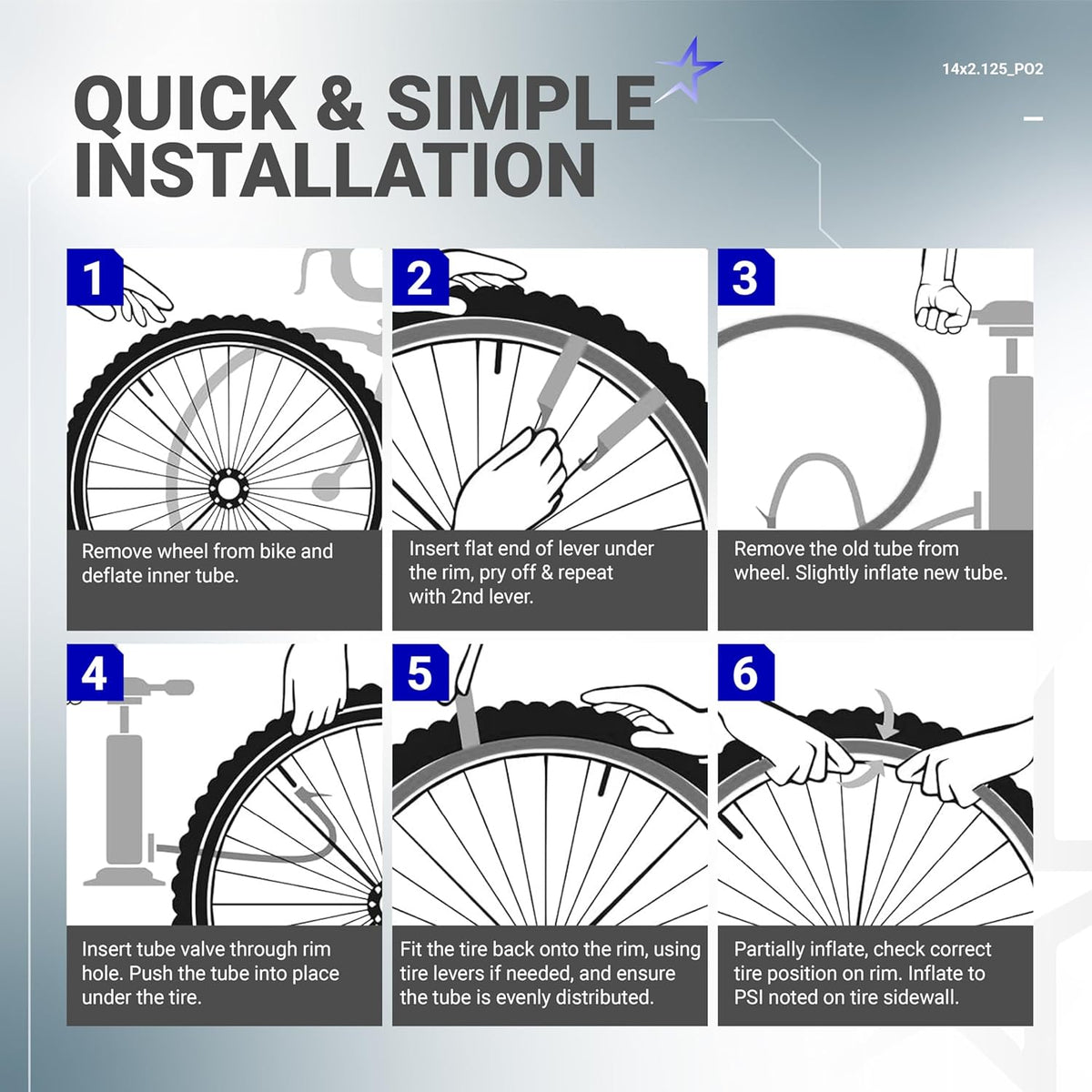 Step-by-step installation guide for 14 inch bike inner tubes showing tire removal and inflation process.