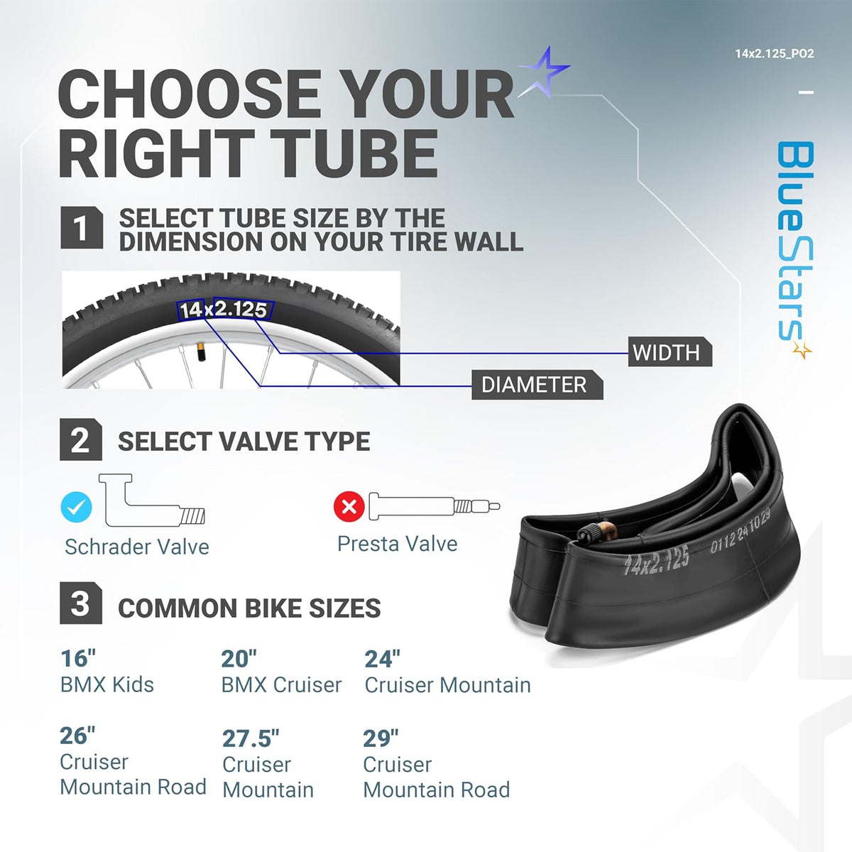 Infographic guide for selecting 14" x 2.125" bike inner tubes by tire size and Schrader valve type.