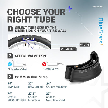 Infographic guide for selecting 14" x 2.125" bike inner tubes by tire size and Schrader valve type.