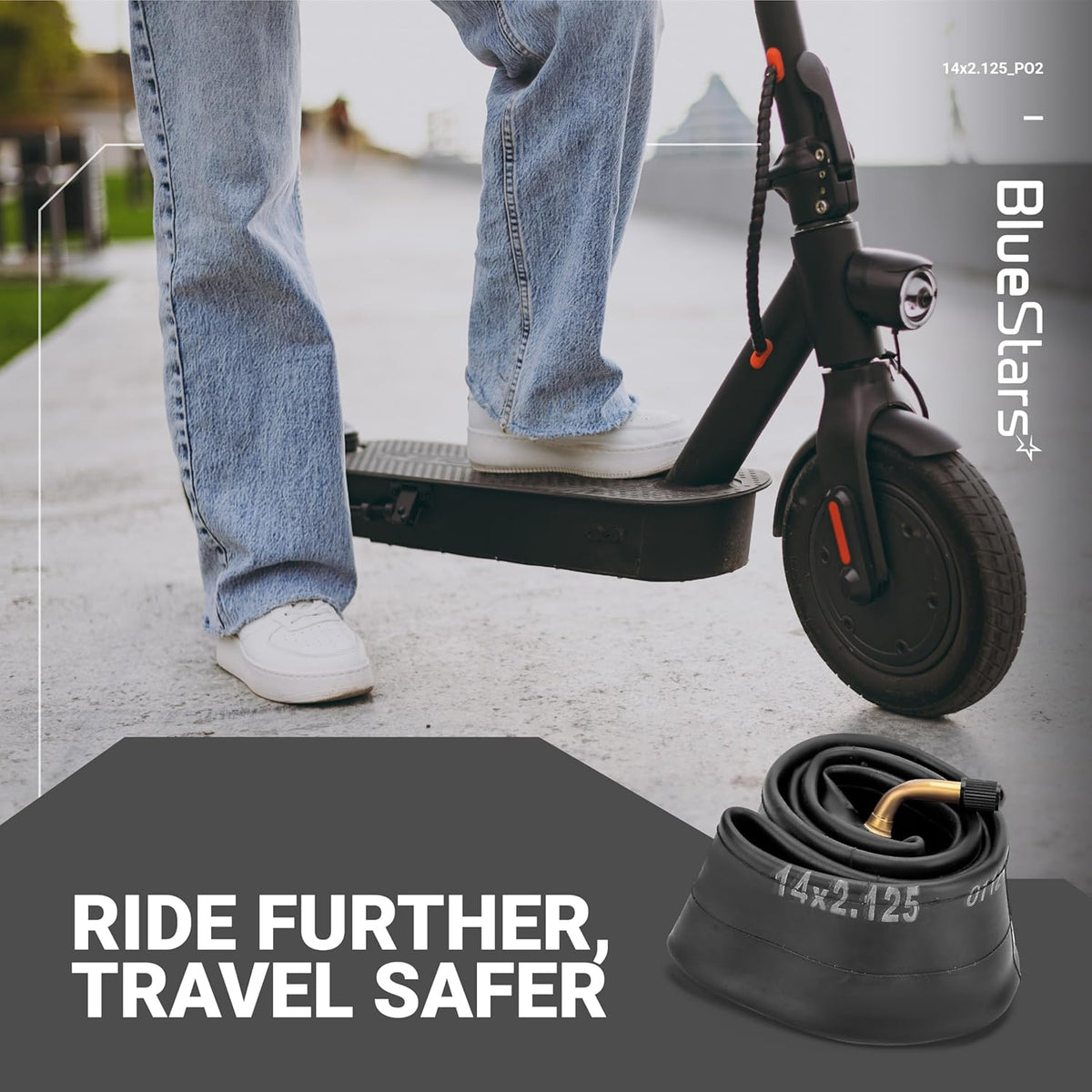 14x2.125 bike inner tube with angled valve stem shown next to an electric scooter.