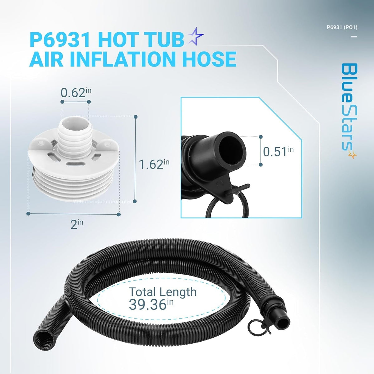 P6931 hot tub air inflation hose with dimension measurements and connector close-up details.
