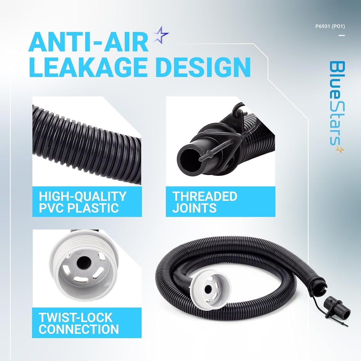 P6931 air inflation hose pipe featuring high-quality PVC material, threaded joints, and a twist-lock connection.