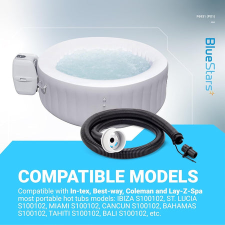 P6931 air inflation hose pipe for portable hot tubs with compatible models listed on background graphic.