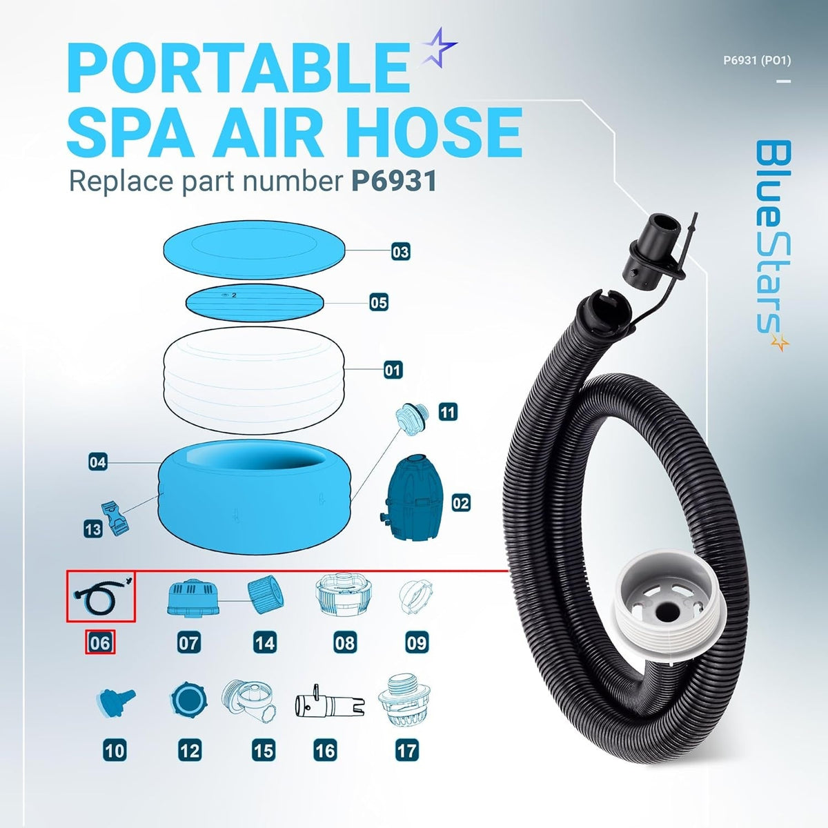 P6931 portable spa air inflation hose pipe with connector nozzle and threaded end cap.